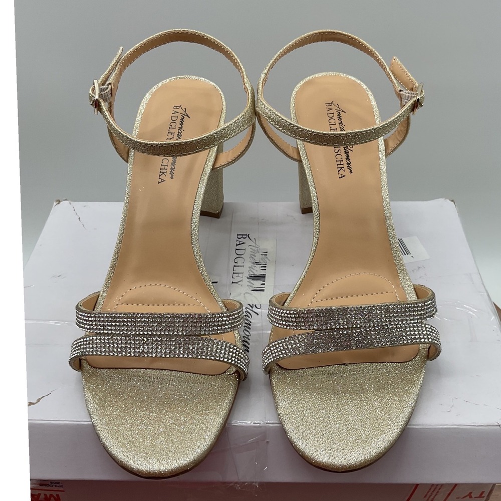 Badgley Mischka Gold Glitter Rhinestone Block Heel Sandals 9.5